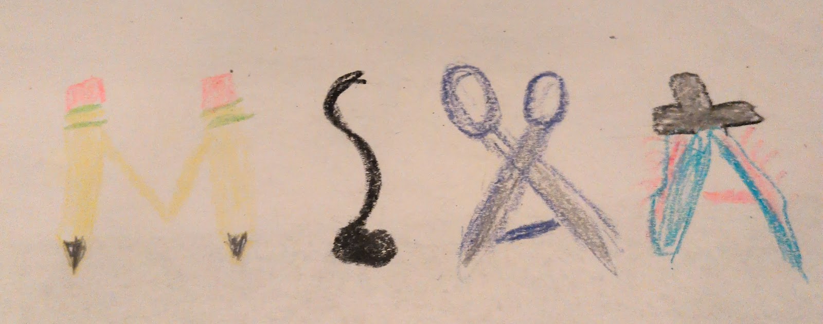 hand drawn image of the MSAA letters in the shape of various art supplies: pencils, music note, scissors, spotlight
